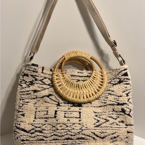 Boho Chic Woven Handle Tote Bag - Black and Cream